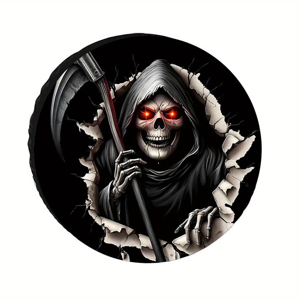 A Gothic-Style Terrifying Grim Reaper Holding A Huge Scythe, Waterproof Polyester Wheel Covers For Spare Tires, Suitable For Rvs