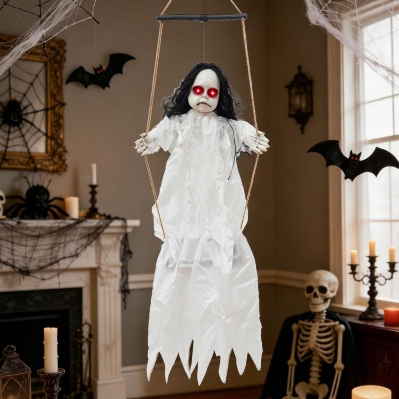 Halloween Hängende Mädchenfigur mit beleuchtetem Gesichtsdetail, Seilschaukel-Dekoration für Veranda-Eingang, Partybereich, Gartenakzent