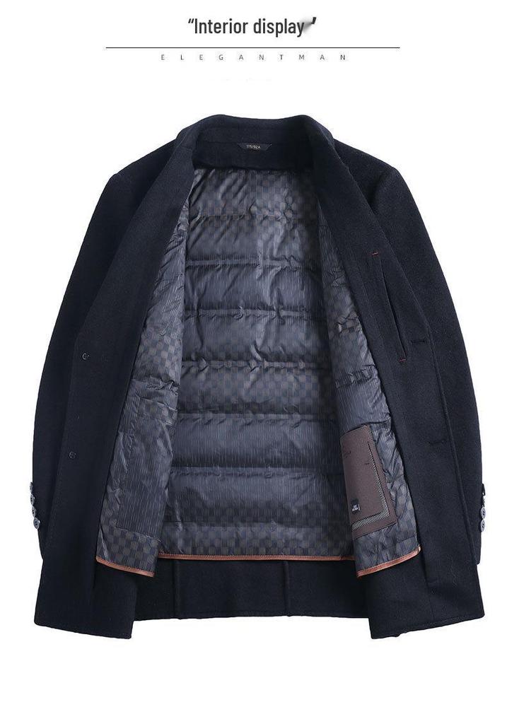Men's Mid-Length Double-Sided Cashmere Coat with Detachable Down Liner, Casual Wool Suit for Middle-Aged