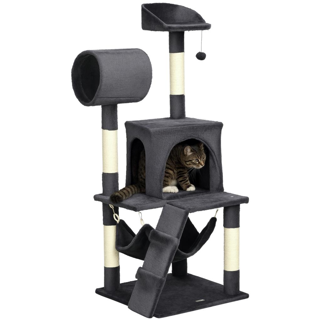 Cat Tree with Cat Scratching Post, Cat House, Hammock, Bed, Tunnel and Ball, 48x48x125 cm, Dark Grey