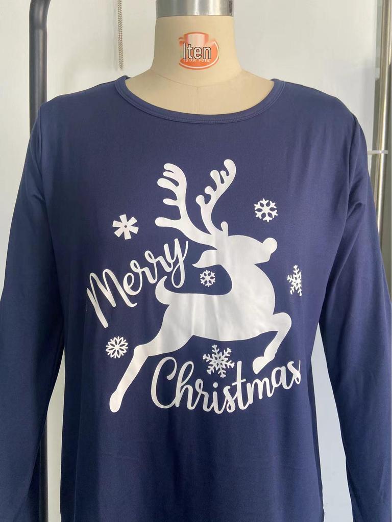 2022 Evropská vánoční rodinná domácí pyžamová souprava pro rodiče a děti - Dlouhý rukáv, Kulatý výstřih