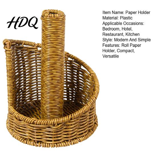 Brown Plastic Paper Stand Imitation Rattan Toilet Holder, Round Woven Towel Dispenser, Upright Roll Dispenser Boho Tissue Organizer for Bathroom