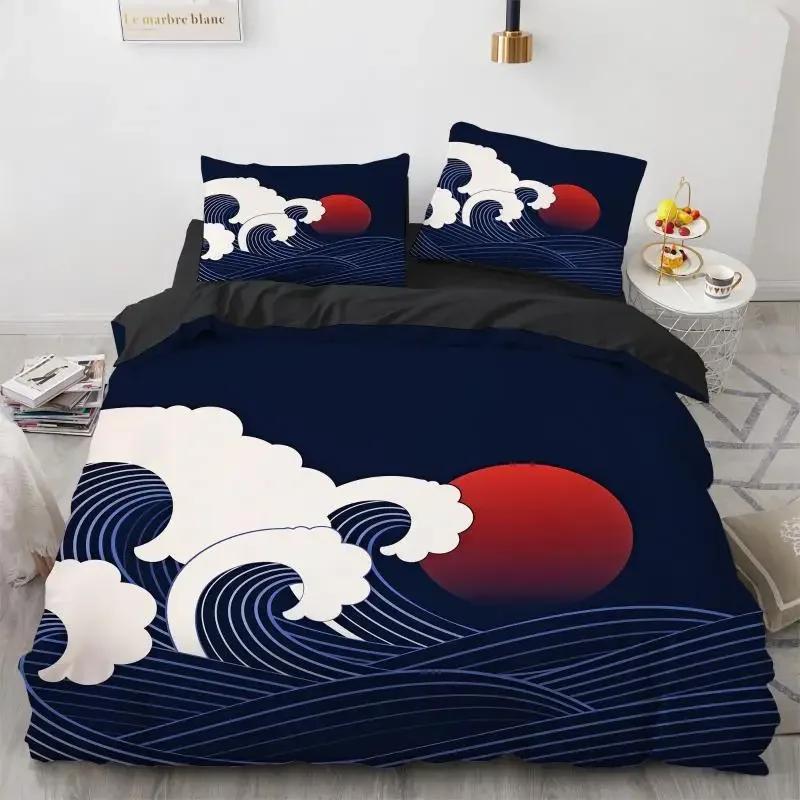 Sada povlaků na přikrývku Wave Vzor Hokusai Japonský povlak na přikrývku Ukiyoe Orientální styl náčrtu Ocean Queen Twin Polyesterová sada povlečení