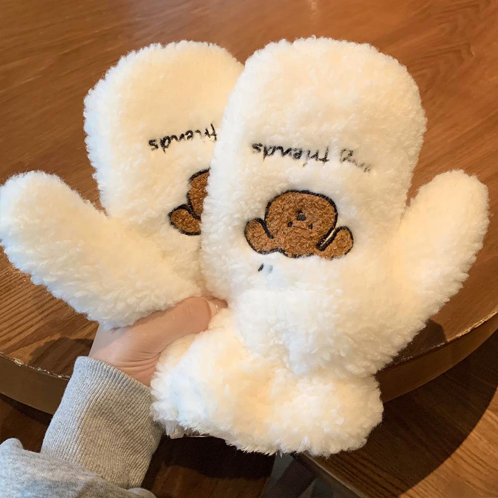 Cute Plush Gloves for Female Students In Winter Plus Velvet Thickened Versatile Fingers Furry Neck Cycling To Prevent Wind and Cold