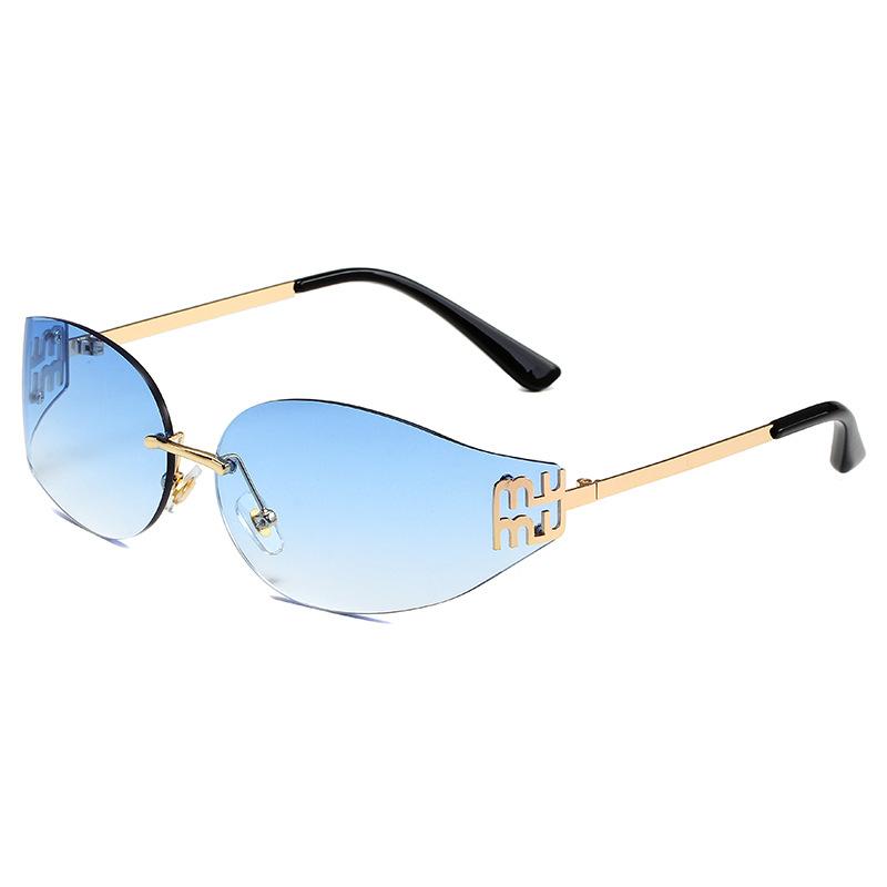 Rimless Oval Sunglasses Women UV400 Oversized Gradient Black Lenses Metal Frame Punk Goggles Female