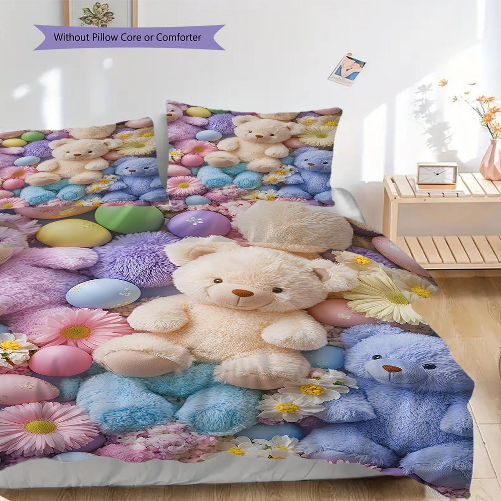 Teddy Bear Pattern Bedding Quilt Set Quilt Cover Pillowcase Home Decoration Birthday Gift (1 * duvet cover + 2 * pillowcase, without core)