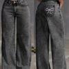 Women Black Y2K Style Fringed Embroidery Pattern Denim Straight-leg Pants with A Comfortable Fabric and Full Elastic Waist