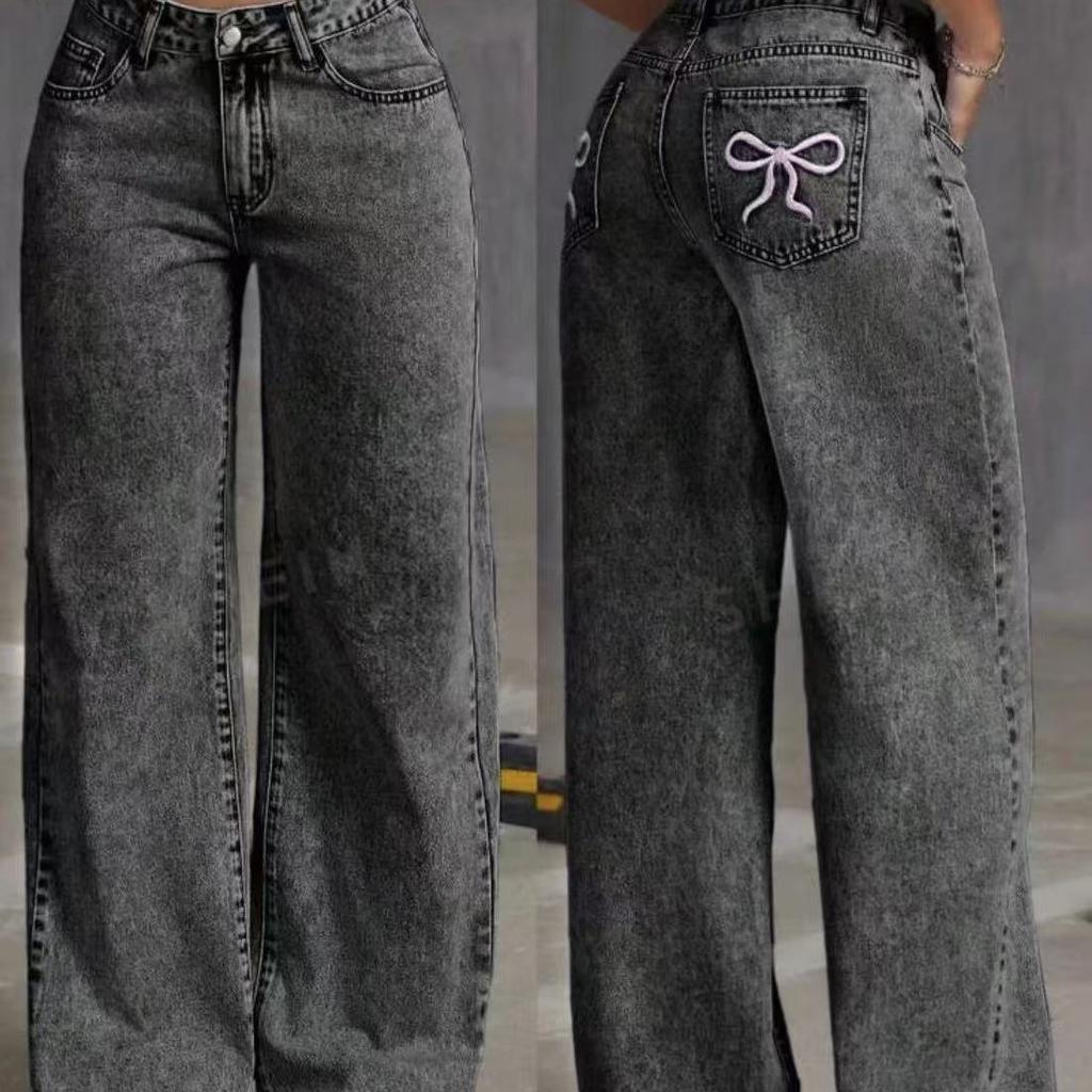 Women Black Y2K Style Fringed Embroidery Pattern Denim Straight-leg Pants with A Comfortable Fabric and Full Elastic Waist