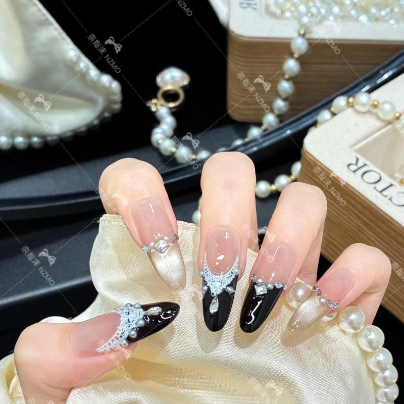 High-End French Bling Rhinestone Wearable Nails M (Long Oval)