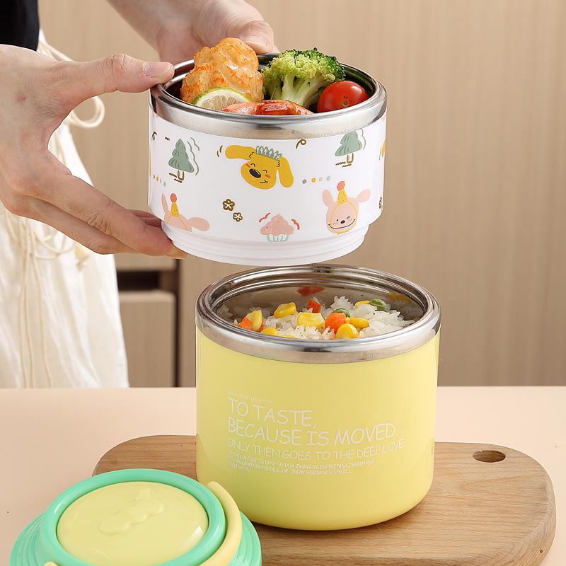 Thermos Bento Box Cartoon Pattern Double Layer Stainless Steel Lunch Box Office Workers Students Portable Thermos Food Container