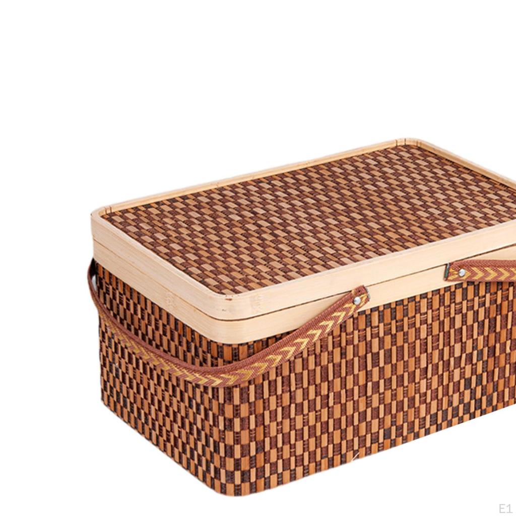 Bamboo Basket Woven Picnic Egg Storage Holder Sturdy Portable with Lid and Handle for Bread