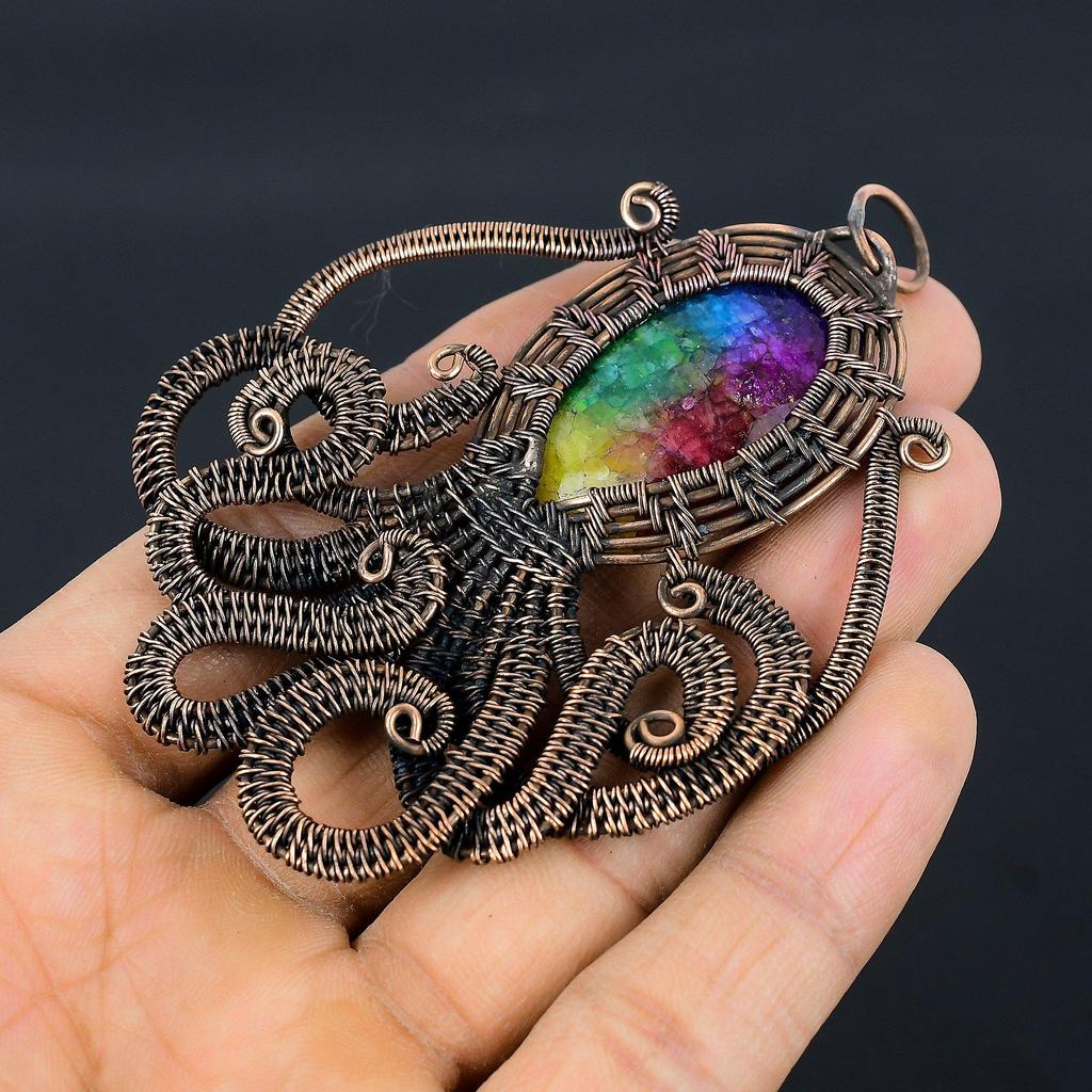 Rainbow Solar Quartz 999 Copper Wire Wrapped Pendant, Handmade Gemstone Pendant Jewelry, Gifts For Wife Brand New Pendant