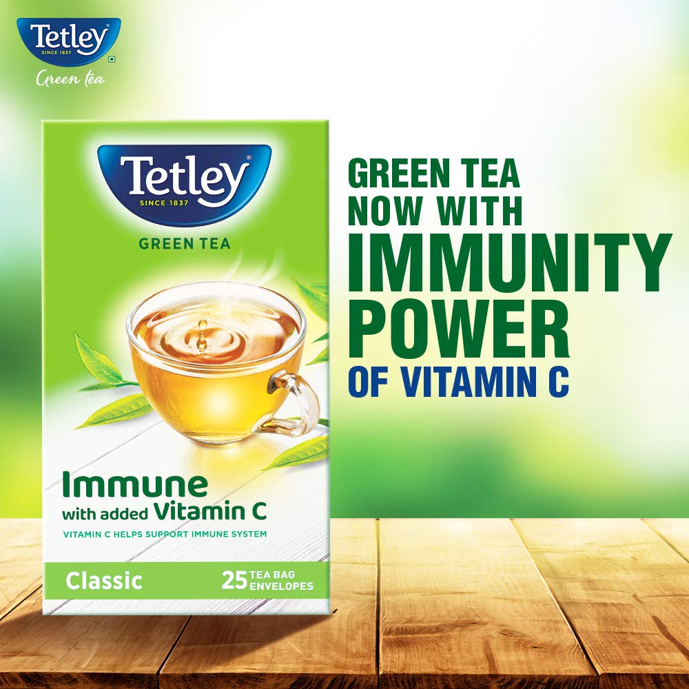 Tetley Green Tea Classic  Immune With Vitamin C 25 Tea Bags 1.3g Each Classic Green Tea Flavor