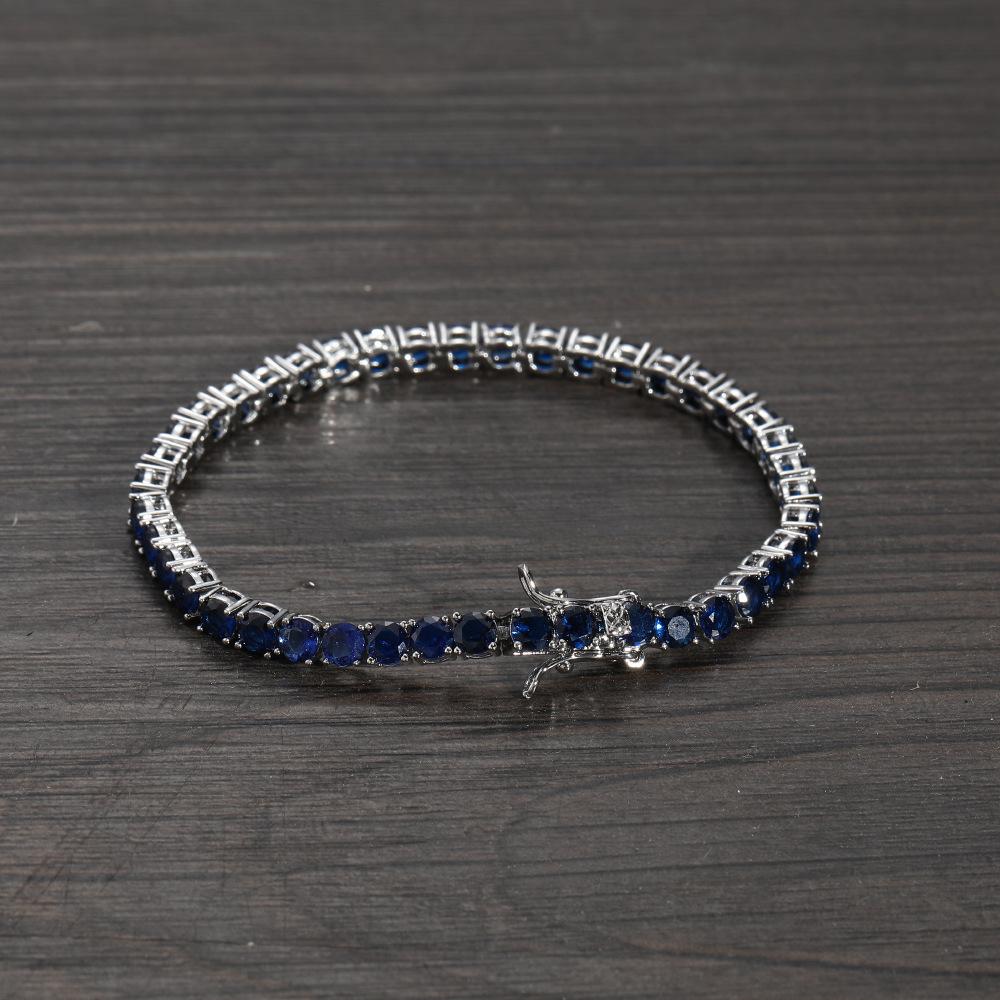 European and American Tennis Bracelet 4mm Blue Full Zirconium Single-row Men's Bracelet, Trendy Hip-hop Accessories Zircon Tennis Chain