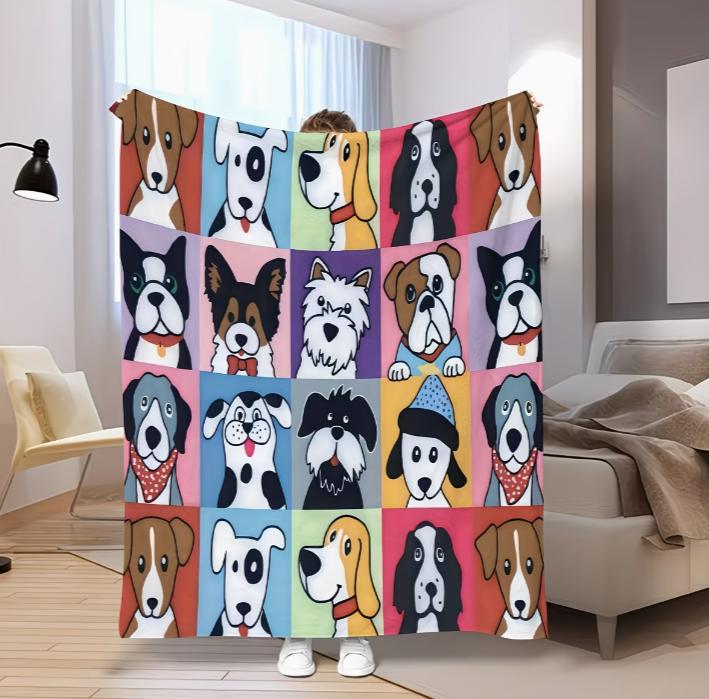 Contemporary Dog Print Fleece Throw Blanket, Multipurpose All-Season Cozy Knitted Polyester Cover Bed Camping & Travel