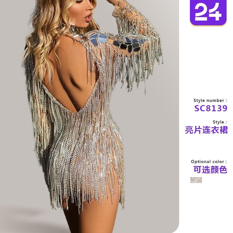 Autumn and Winter Women's Clothing Ebay Crew Neck Long-sleeved Fringed Dress Small Dress New
