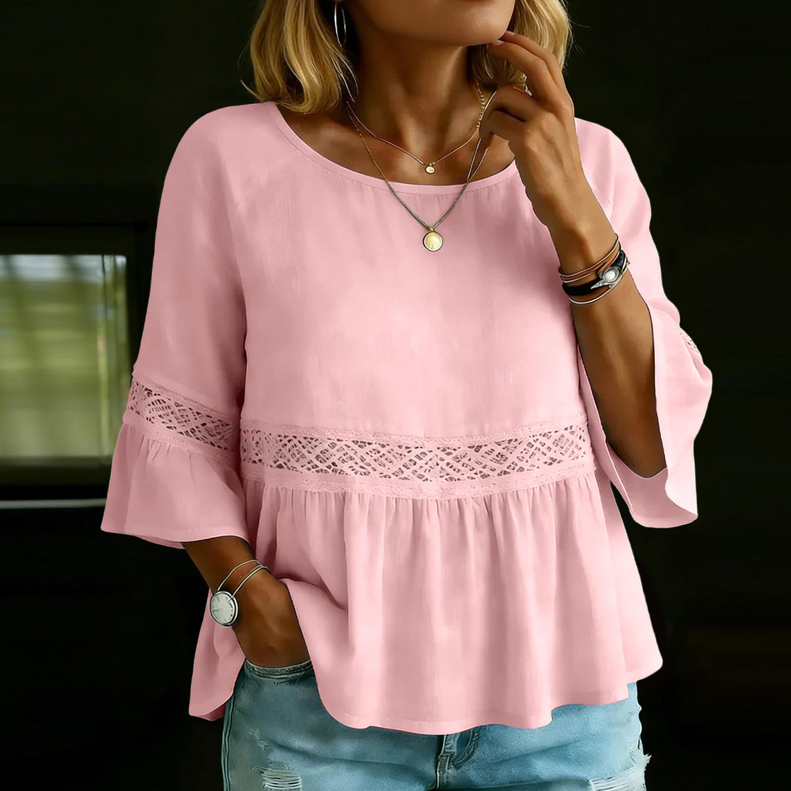 

Women s Color Casual Fashion Loose Cotton Linen Lace Splicing Round Neck Shirt Top M червоний
