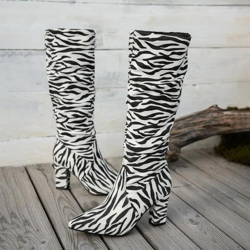 Fashion Autumn Winter 2025 Zebra-Pattern Knee High Boots Women Sexy Pointed Toe Thick High Heels Long Boots Woman Slip On Booties Shoes