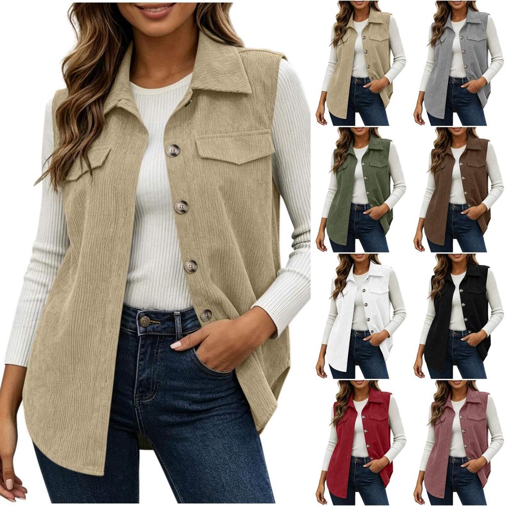 Women's Corduroy Lapel Collar Sleeveless Vest for Casual Commute
