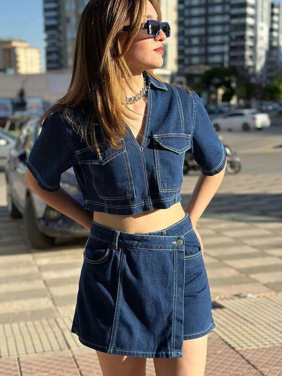 Doppelreihiger V-Ausschnitt Pullover Denim Top & Hochtaillierter Denim Rock Set