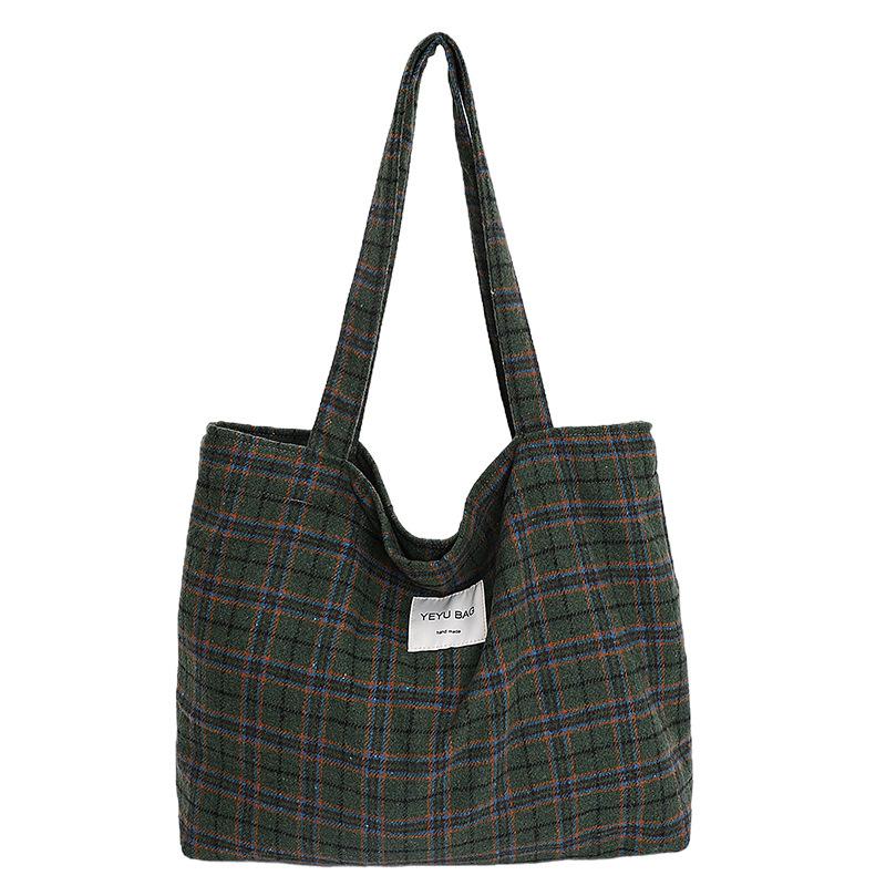 Colored Plaid Women's Woolen Shoulder Bags Vintage Large Capacity Ladies Handle Canvas Tote College Style Girls Book Handbags