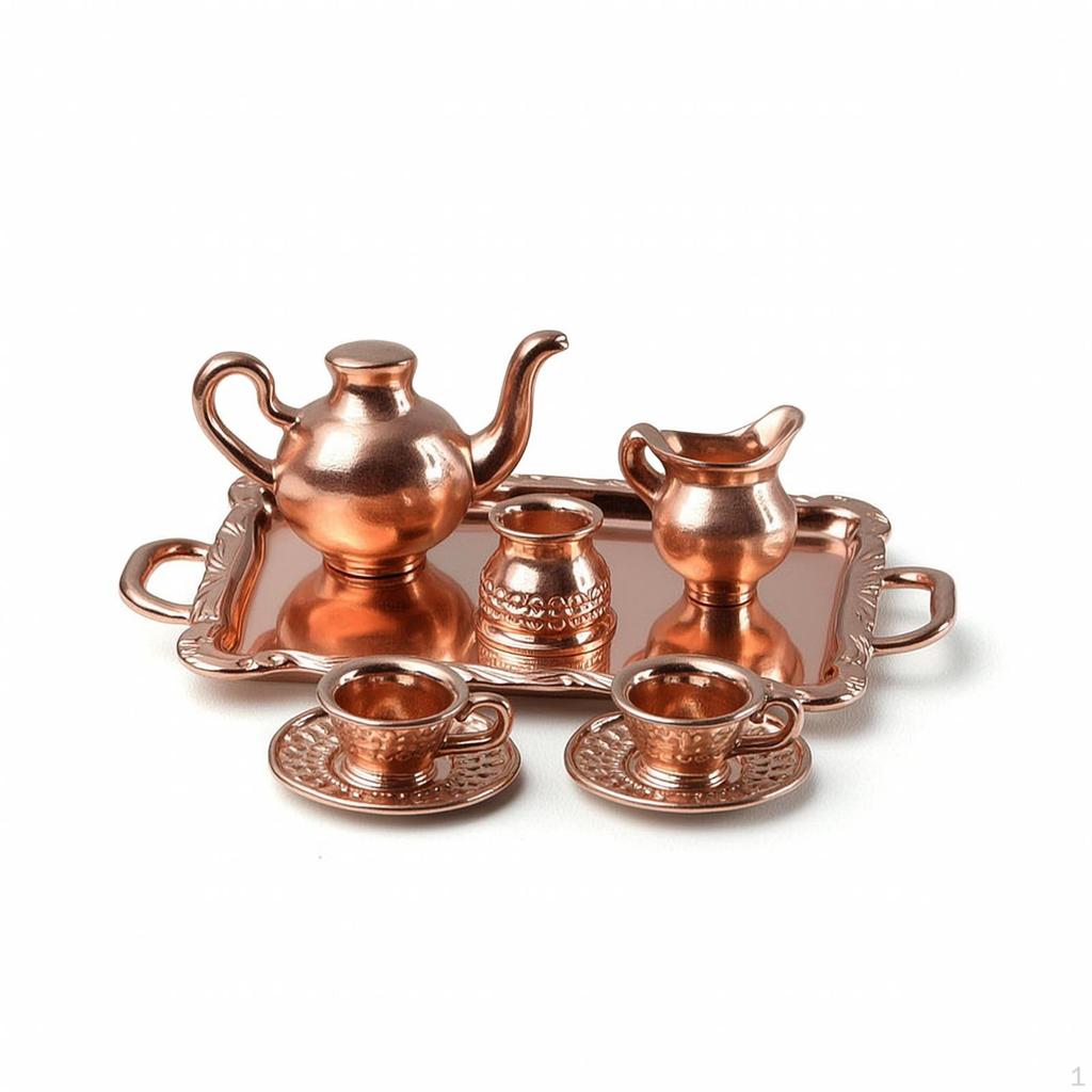 Dollhouse Tea Set with Tray Metal Tiny for Collectors, Hobbyists, Photography