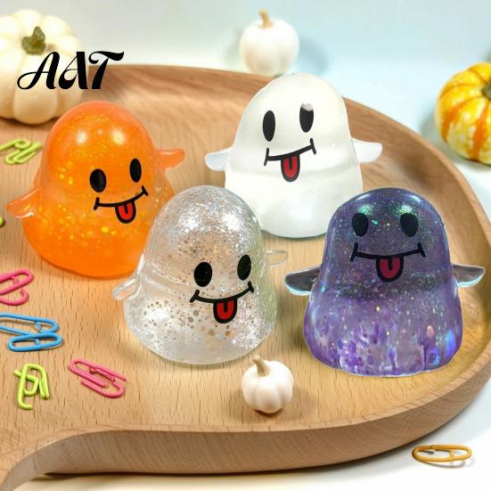 Spooky Ghost Toy Halloween Squeeze Toy, Glitter Stress Relief Office Desk Relievers Tongue-out Sensory Fidget for Home School Stretchable