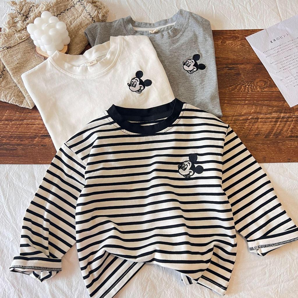Toddler Striped Cartoon T-shirt: Spring/Autumn 2024 Collection, Round Neck Top for Kids