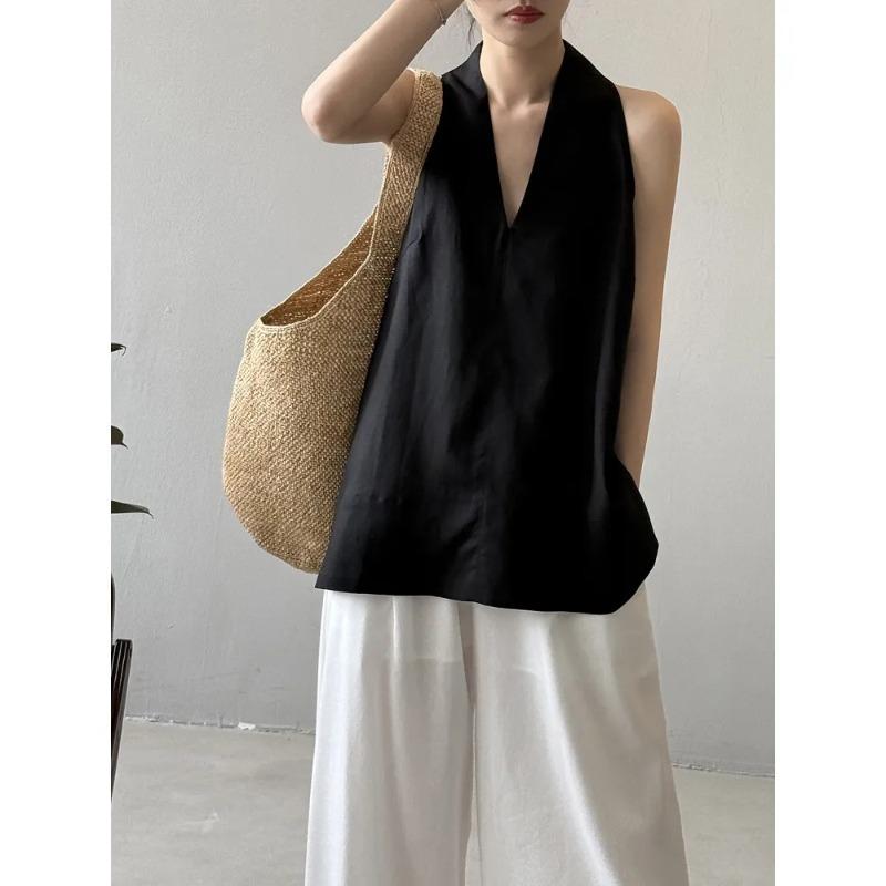 Damen Neckholder V-Ausschnitt Ärmellos Leinen-Stil Oberteil Locker Lässig Bluse