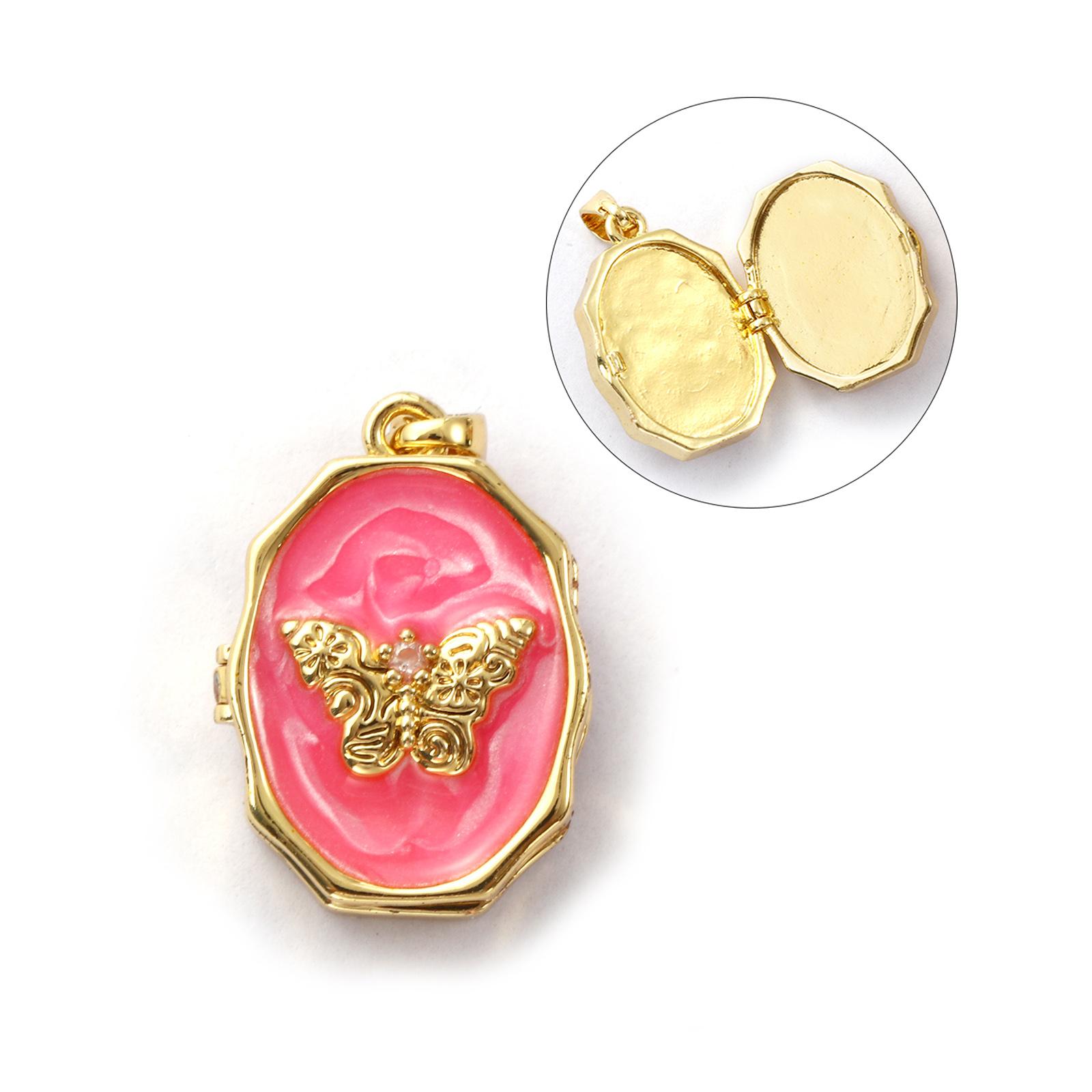 

1Piece Brass Picture Photo Locket Frame Pendants 18K Gold Plated Enamel Oval Butterfly Can Open Clear Cubic Zirconia 25mm x 15mm рожевий