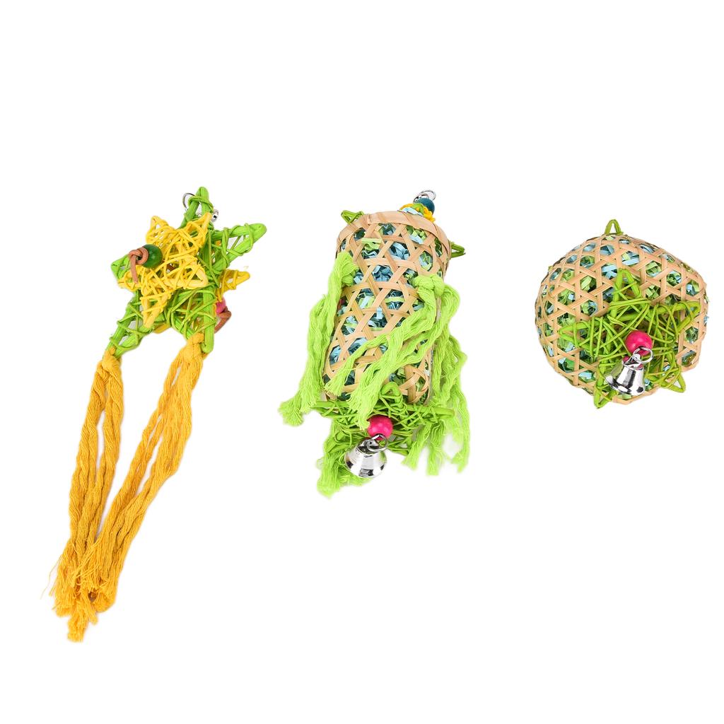 3pcs Bird Chewing Toys Natural Parrot Shredder Toy Set with Bells Rattan Ball for Budgies African Grey Parrot Cockatiels