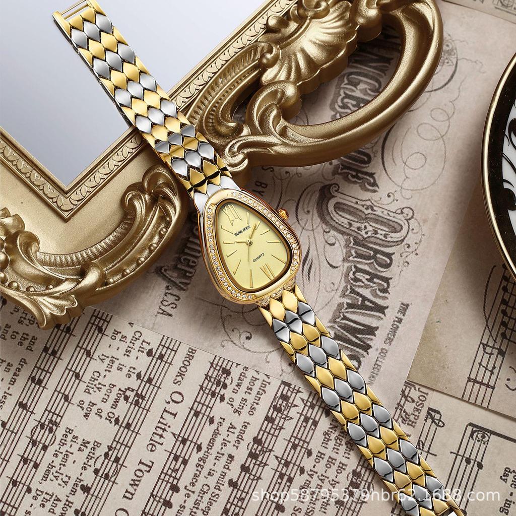 SUNLIFEX Women's Gilded Snake Head Quartz Watch with Diamond Accents and Roman Style