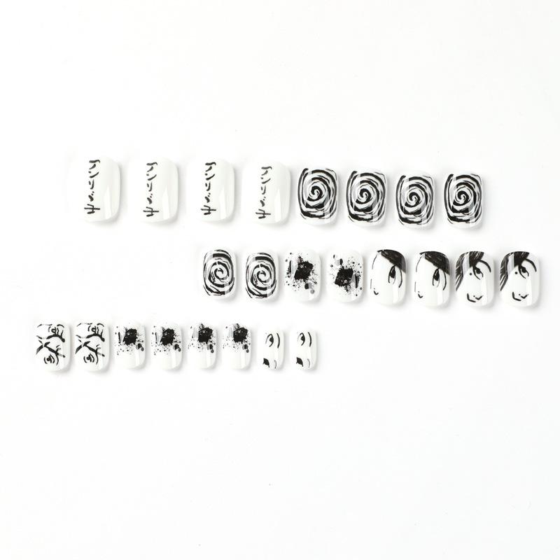 24 Teile/satz Schnelle Nägel Schwarz Und Weiß Graffiti Falsche Nials Aufkleber Tragbare Wasserdichte Maniküre Fertige Nägel