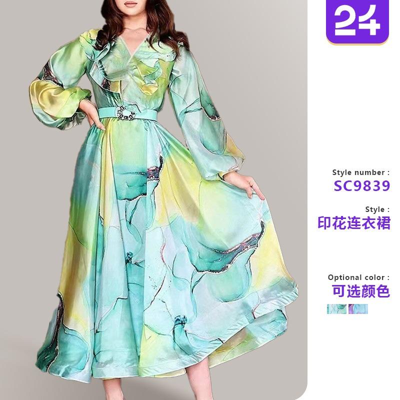 Spring and suer new printed pendulum lapel mesh dress couter large size women's dress