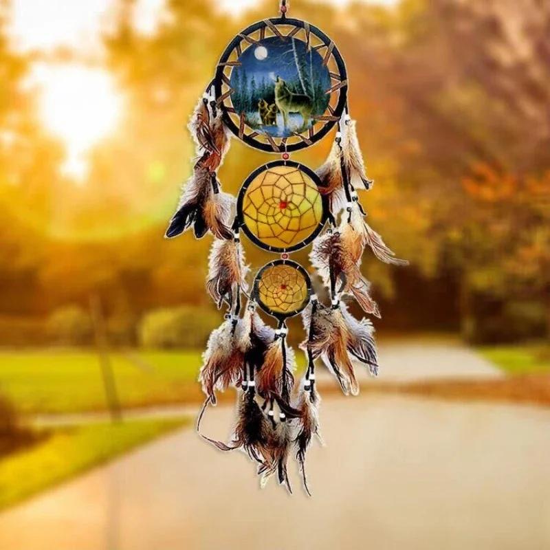 Handmade Dream Catcher Creative Wall Decorations Wolf Pattern Indian Dreamcatcher Retro Feather Ornament Home Room Hanging Decor