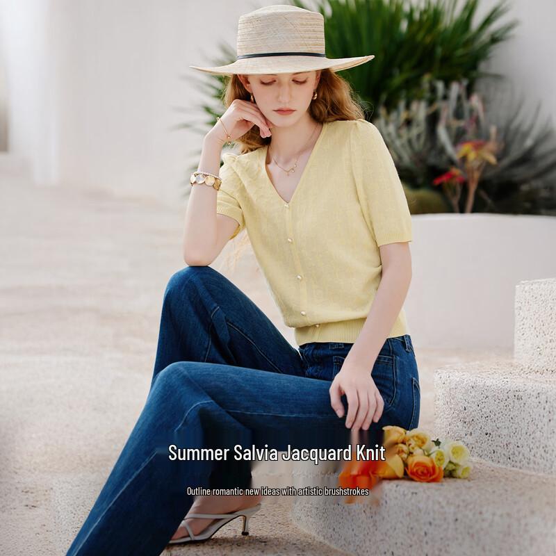 Xiangying Women's V-Neck Jacquard Knit Short Sleeve Top