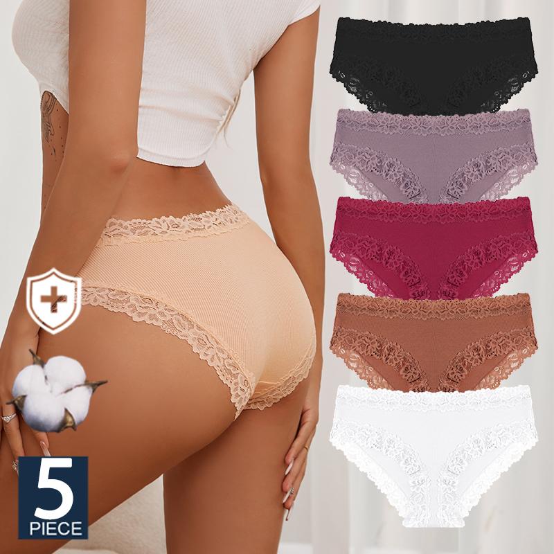 5PCS Cotton Panties Women Floral Lace Briefs Seamless Sexy Lingerie Low Rise Elastic Underpants Female Breathable Soft