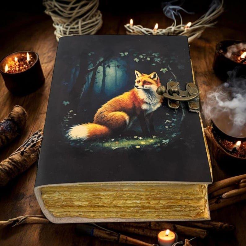 Fox Vintage Handmade leather Journal, Grimoire Fat journal Blank spell book of shadows Celestial Christmas Gifts For Him Her