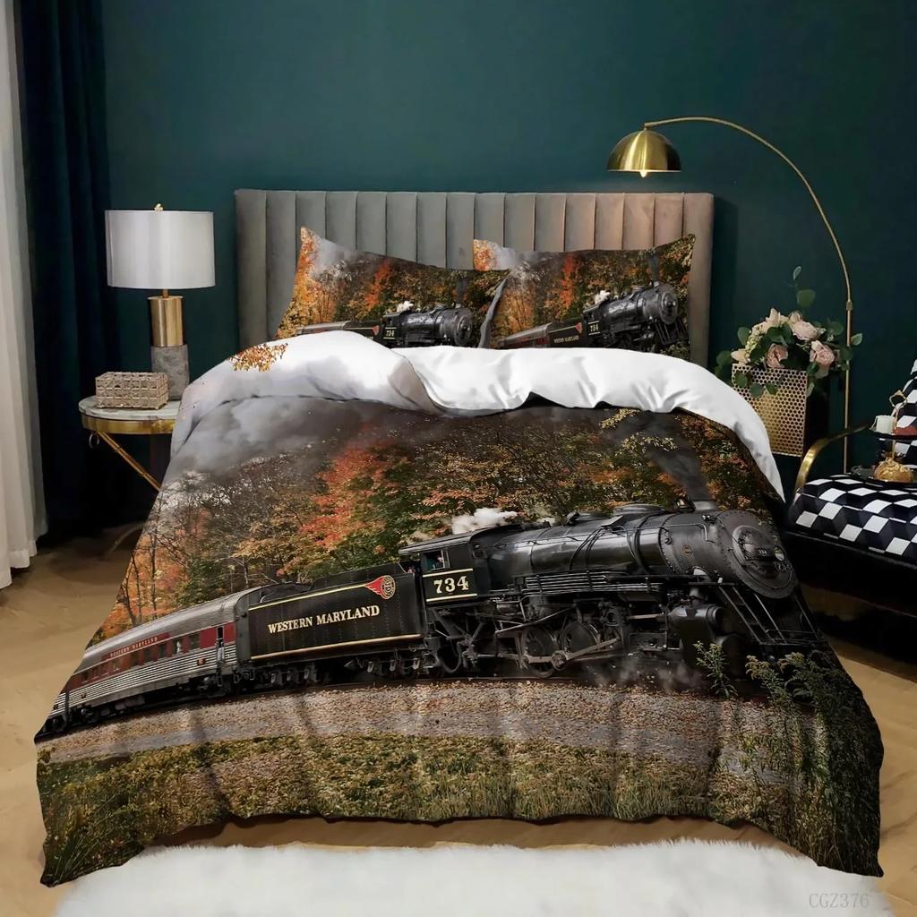Steam Engine King Queen Duvet Cover Vintage Train Rail Bedding Set For Teens Adults Retro Transportation Polyester Quilt Cover