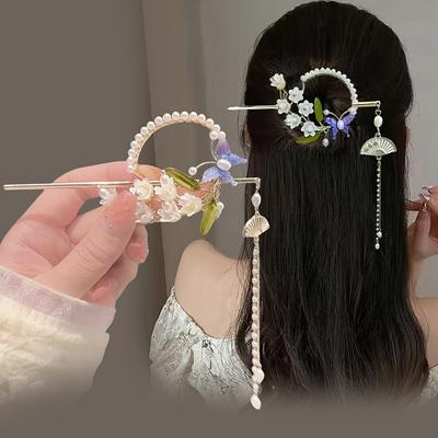 1PC New Chinese Classical Wind Chimes Orchid Hair Hairpin Disc Hair Pearl Tassel Hair Hairpin Women's Cheongsam Hanfu Accessories