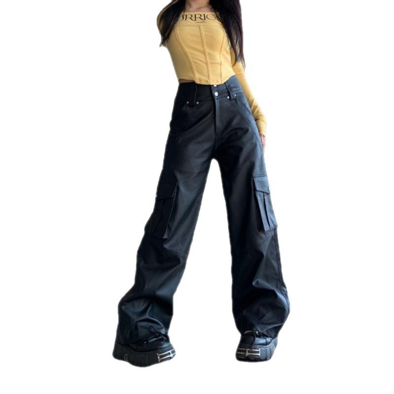 

Американские ретро брюки для спецодежды Женские кожаные брюки с высокой талией и новые широкие брюки из искусственной кожи с большими карманами для рабочей одежды Прямые брюки L чёрный