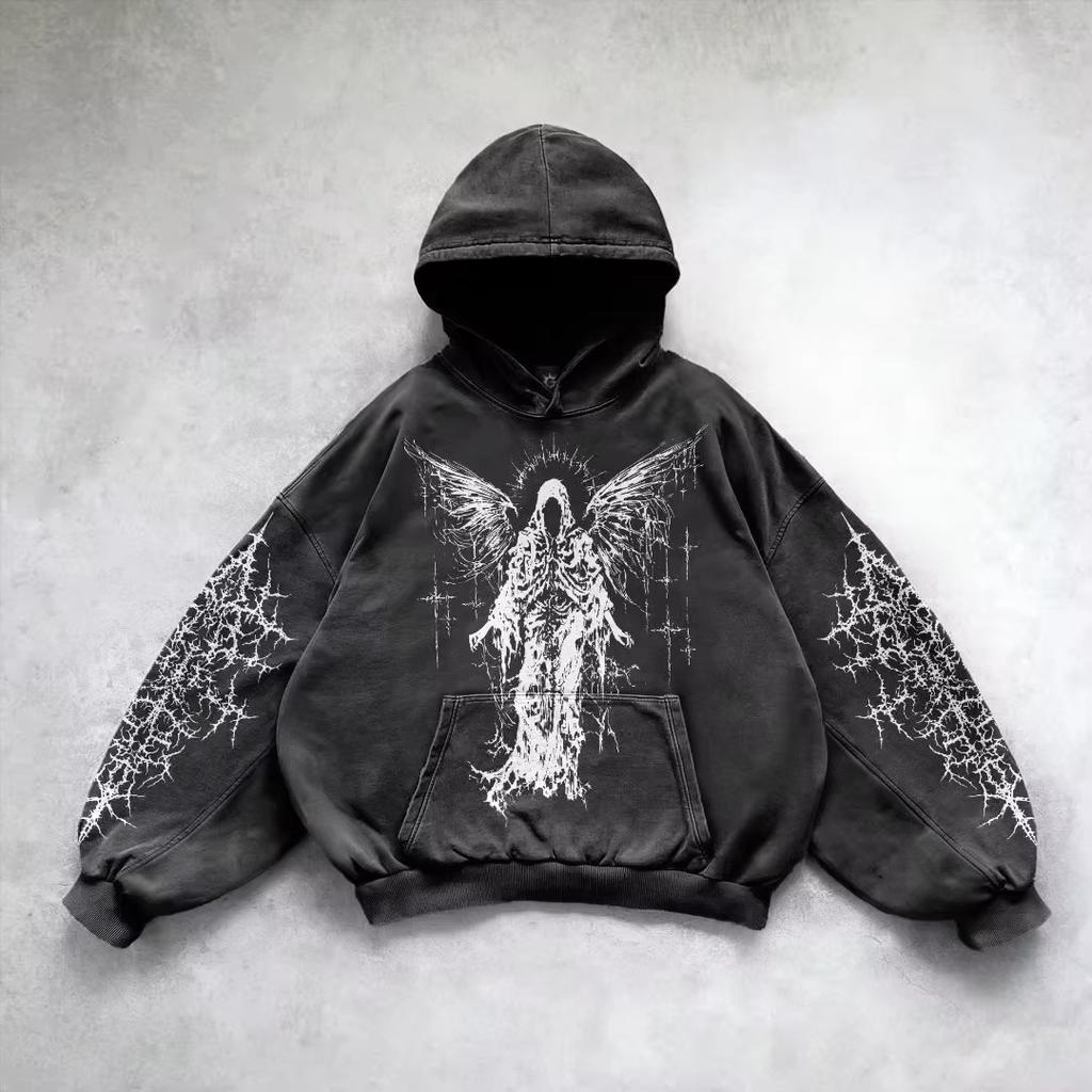 Retro gotická grafická potisk Hip Hop mikina s kapucí pro muže Y2k Grunge Punk ležérní volný pulovr dámská streetwear mikina s kapucí