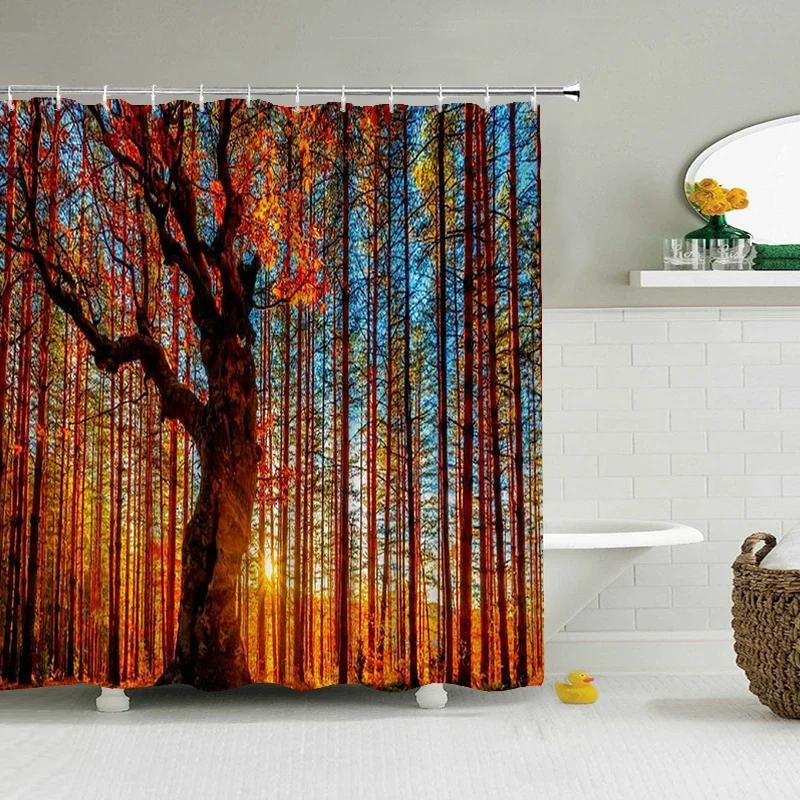 Natural Forest Tree Scenery Shower Curtain Bathroom Waterproof Polyester Fabric Bathroom Curtain 3d Printed Bath Screen Mat