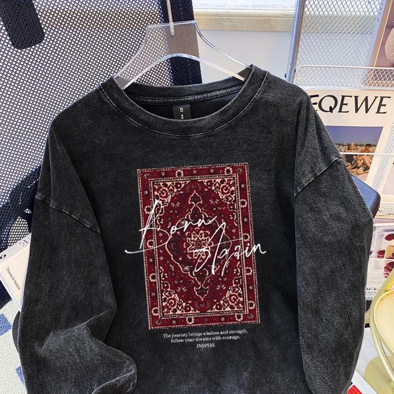 Szykowny Retro Oversize 100% Bawełna Koszulka z Długim Rękawem - Styl Europejski i Amerykański