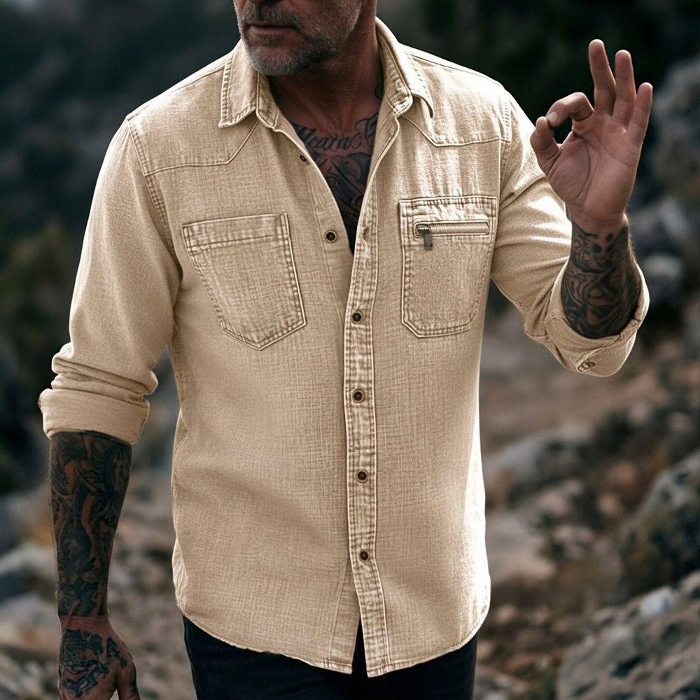 Camicia da uomo vintage in denim lavato a maniche lunghe con bottoni e tasca con zip, casual, da lavoro