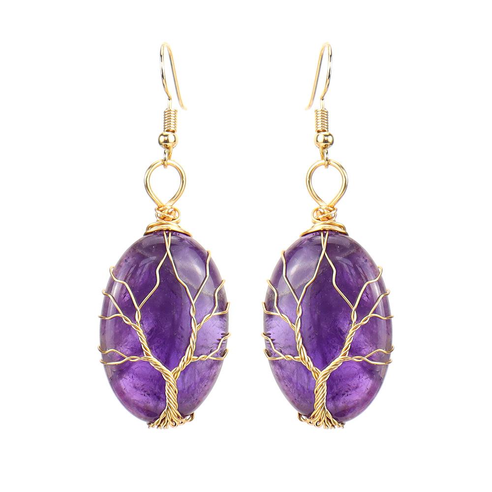 Tone Gold Winding Amethyst Rough Stone Egg Tree Of Life Earrings Stud Earrings Pendant E47