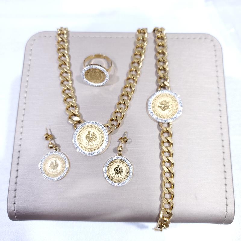 Acciaio Inossidabile 316L Zodiaco Gallo Cuban Micro Intarsiato Zircone Catena GrossaCollana Bracciale Orecchini Anello Set di Gioielli da Matrimonio