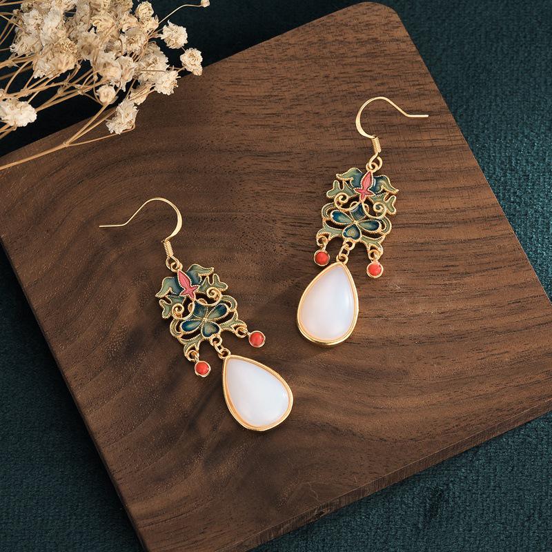 Retro National Trend Cloisonné Enamel Earrings with Southern Red Agate and White Jade for Hanfu Costumes