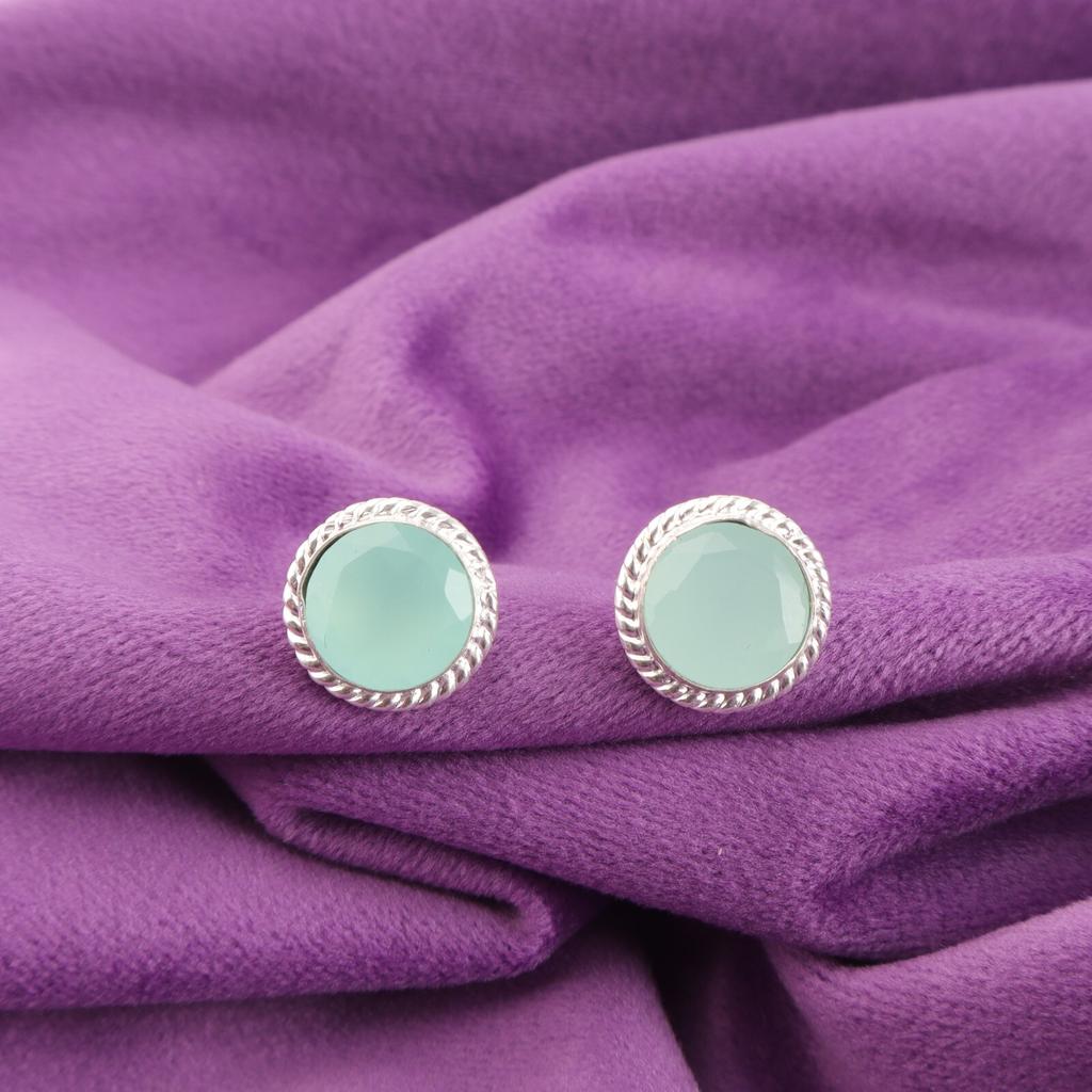 Aqua Chalcedony Gemstone Sterling Silver Stud Unique Best Sisters Gift Earrings EE-147-13
