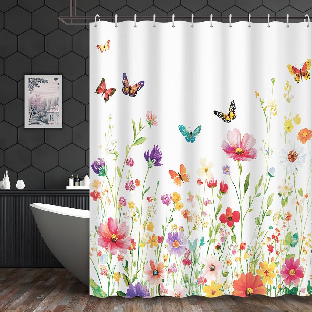 Plant Paradise Shower Curtain - Vibrant Wildflowers & Butterflies, 12 Hooks, Home & Bathroom Decor